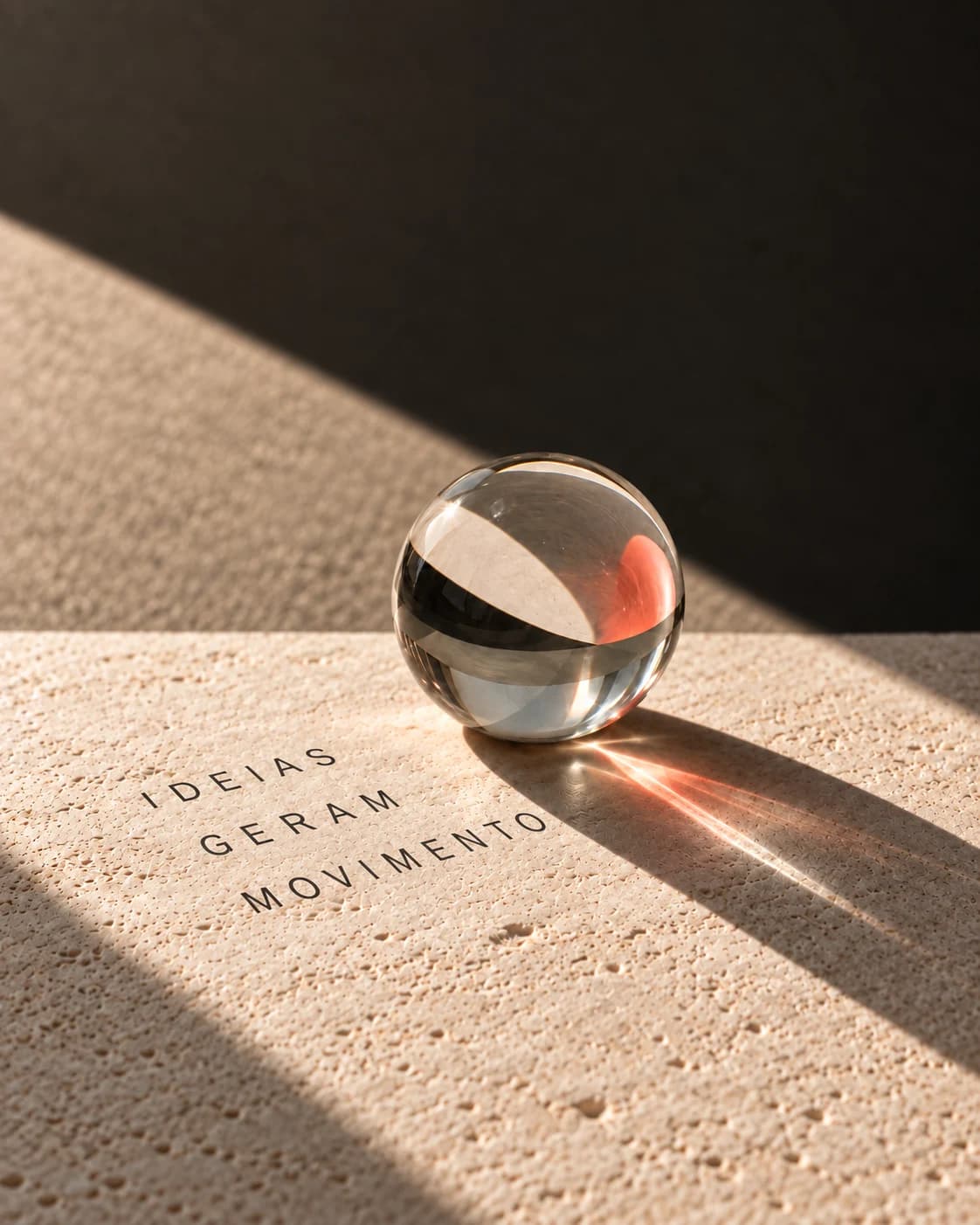 Esfera de vidro sobre pedra iluminada, com a frase Ideias geram movimento