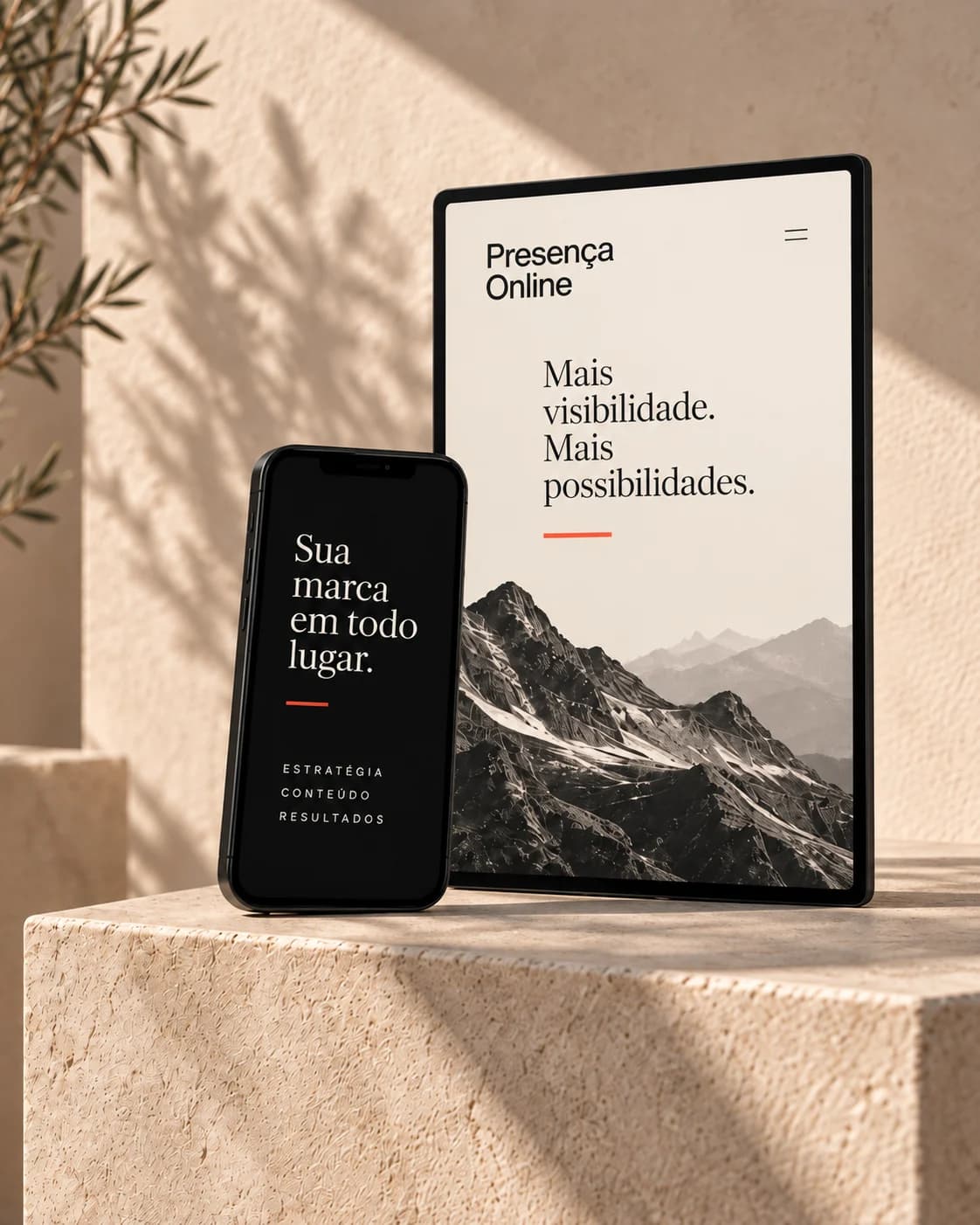 Celular e tela com as frases Sua marca em todo lugar e Mais visibilidade. Mais possibilidades.