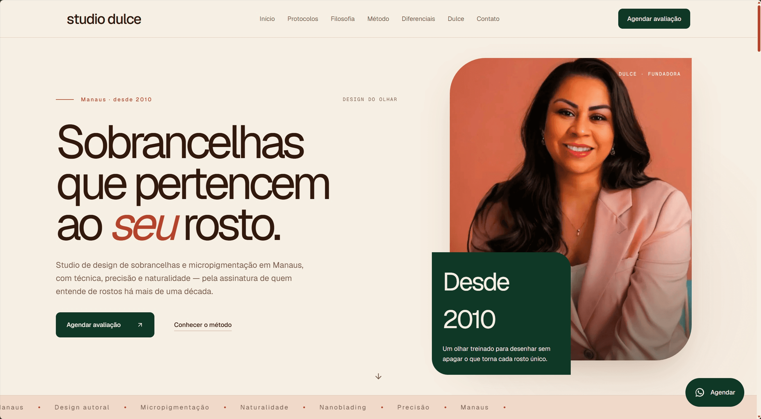 Página inicial do site Studio Dulce Designer, com apresentação da fundadora Dulce