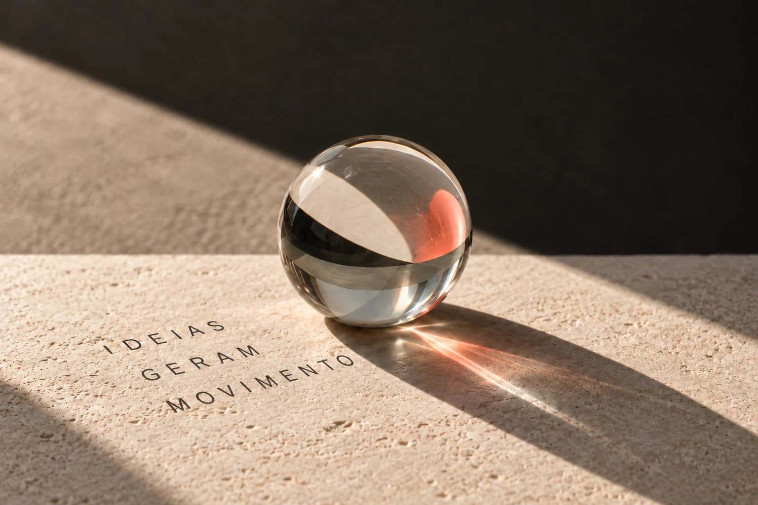 Esfera de vidro sobre pedra iluminada, com a frase Ideias geram movimento